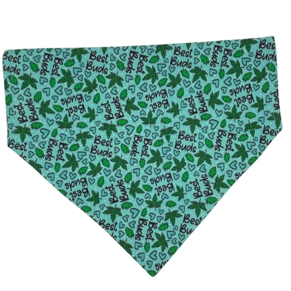 The 420 Best Buds Over-the-Collar Bandana features cannabis leaves with Best Buds in black on a light blue background, adorned with small black and green hearts—ideal for your furry friends 420-friendly style.
