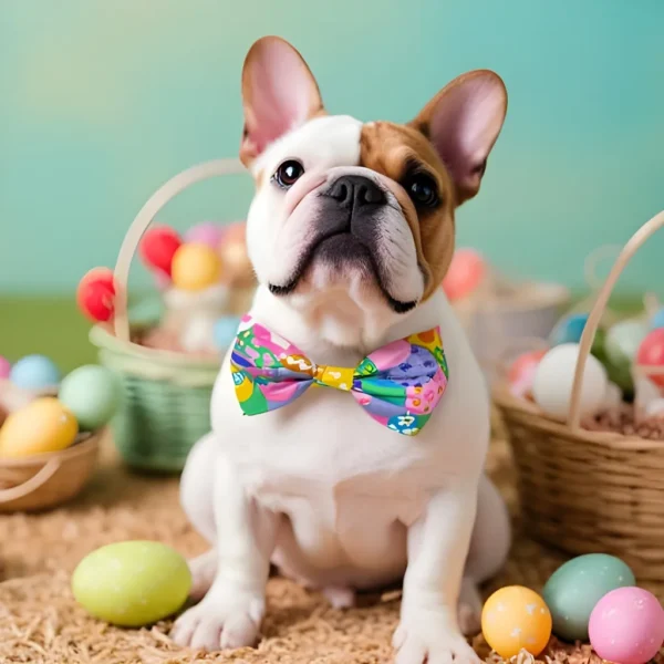 French Bulldog with colorful bowtie and Easter eggs.