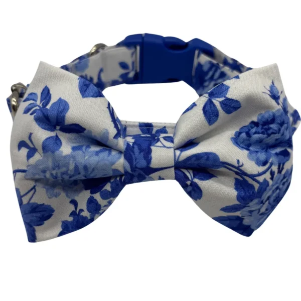 Blue floral dog collar with bowtie