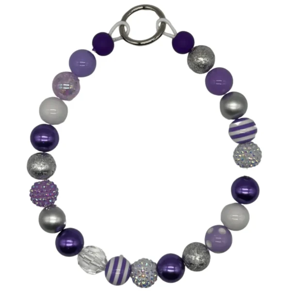 Purple and silver beaded keychain in various textures.