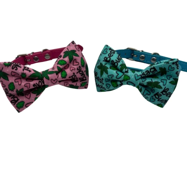 Colorful dog bow tie collars with leaf patterns.