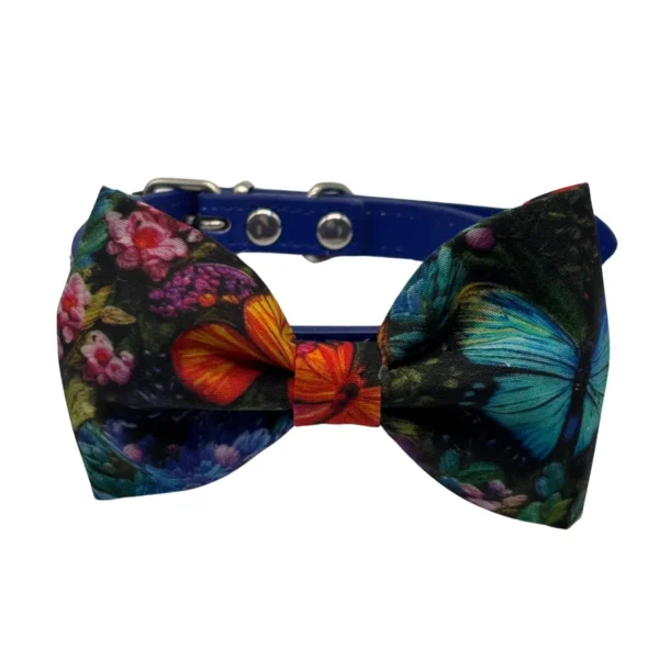 Colorful floral bow tie on blue collar