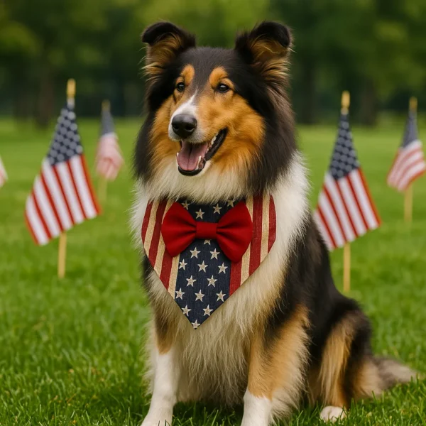 Collie dog with USA flag bandana outdoors