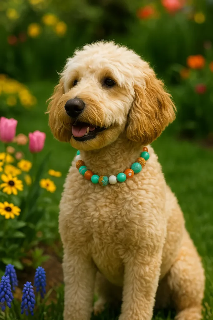 playful goldendoodle in blooming garden Fluffy dog with colorful necklace in flower garden.