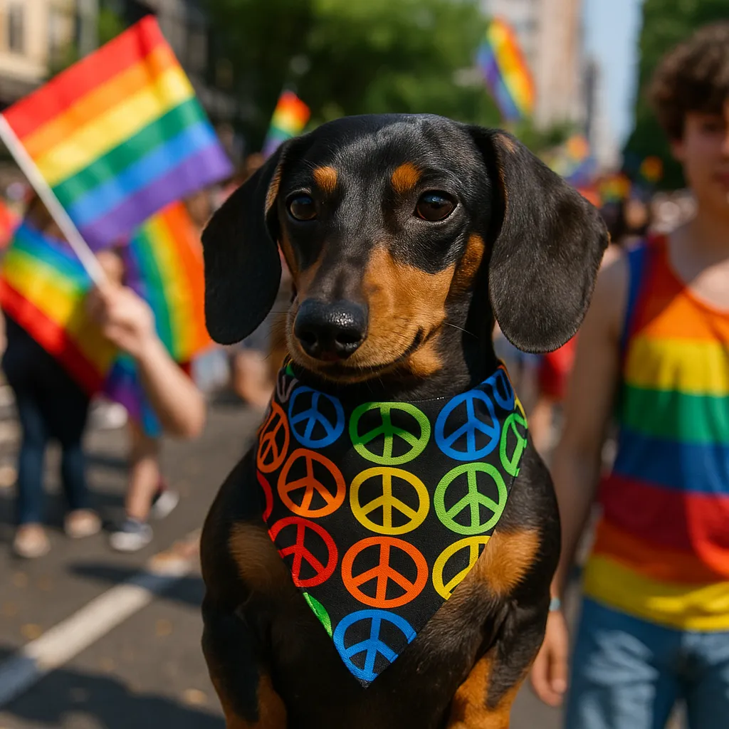 Dog with rainbow peace bandana at pride parade.