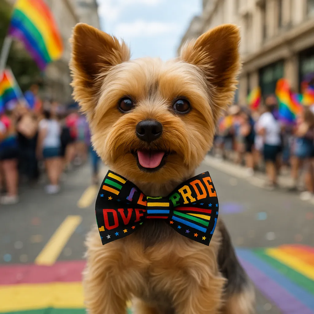 Cute dog with rainbow bow tie at Pride parade.