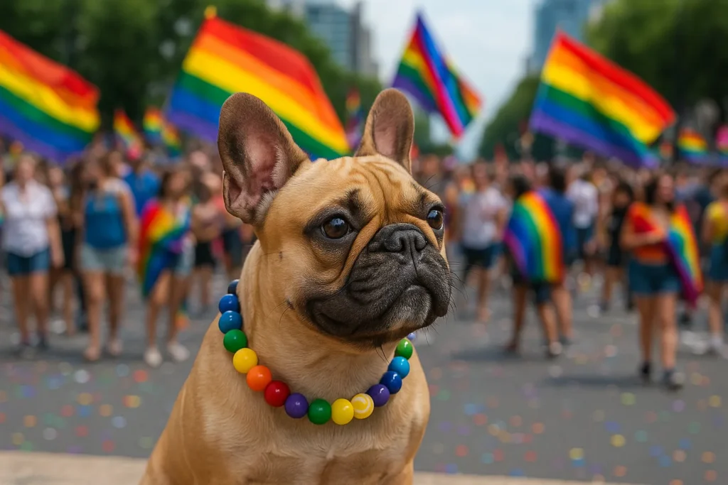 French bulldog at pride parade with rainbow flags.