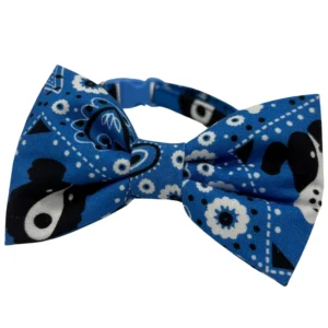 Blue patterned dog bow tie with adjustable collar.