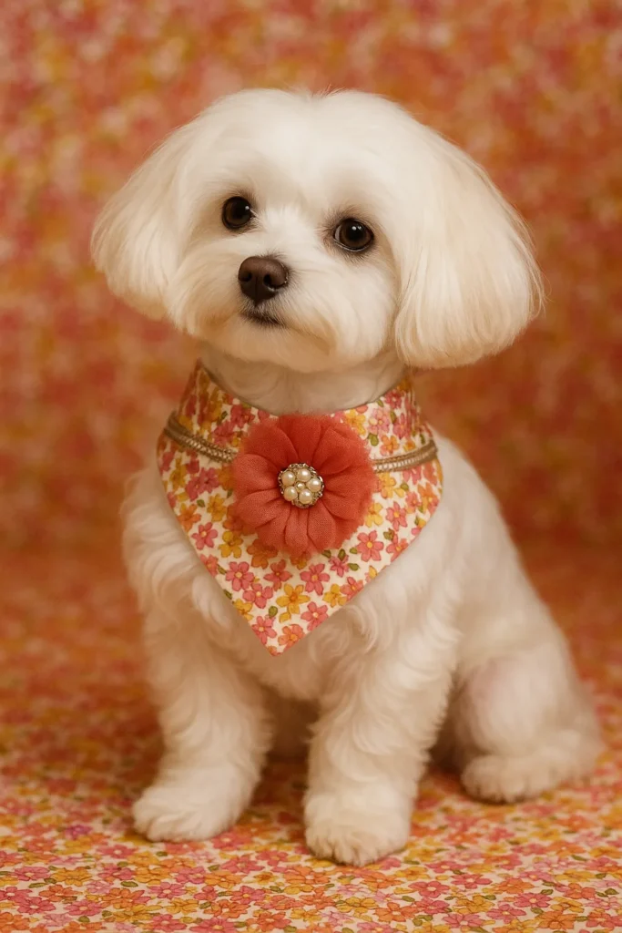 dog fashion accessories b1 White dog with floral bandana and flower brooch