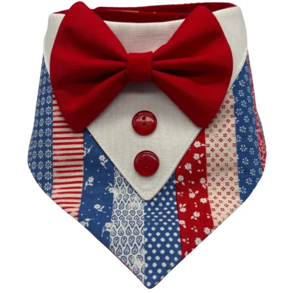 Patriotic dog bandana with red, white, blue bow tie.
