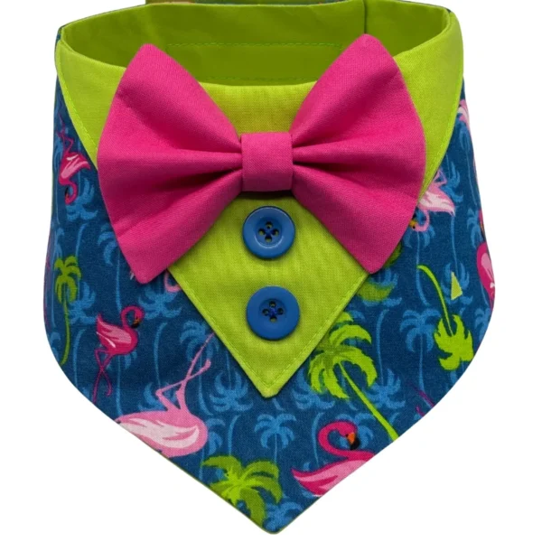 Flamingo-themed baby bib with pink bow tie.