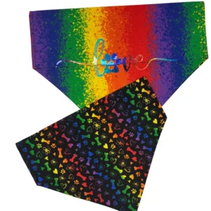 Colorful dog bandanas with rainbow designs.