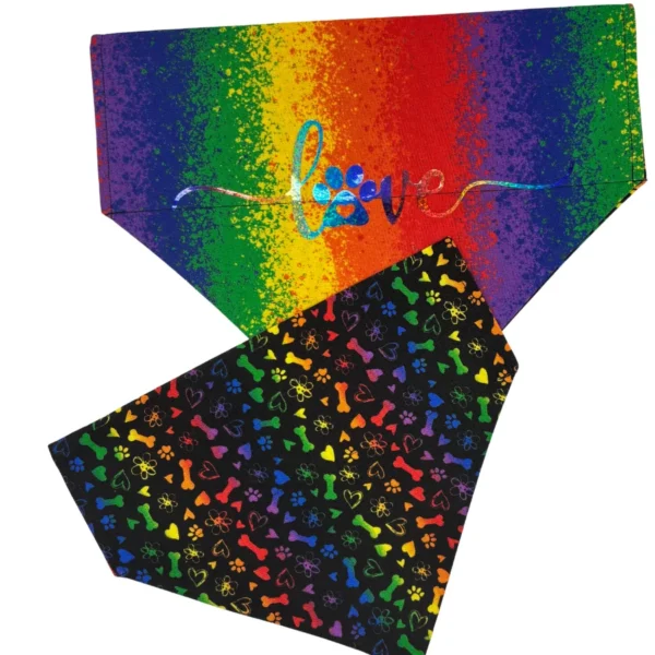 Colorful dog bandanas with rainbow designs.