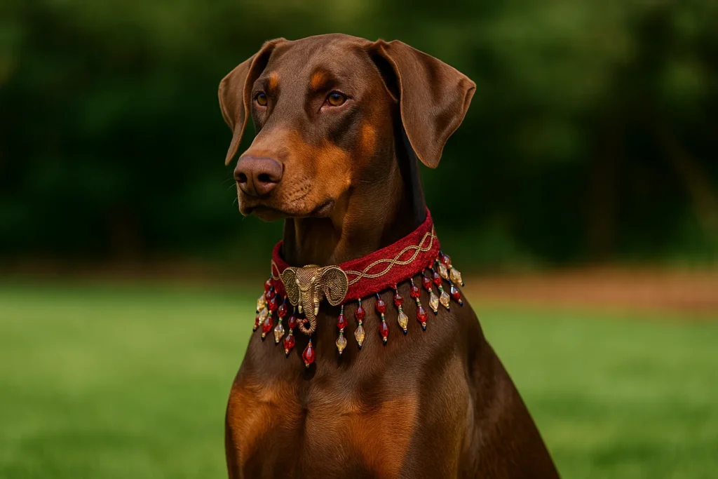 luxury dog collars b1 Doberman wearing decorative red beaded collar.