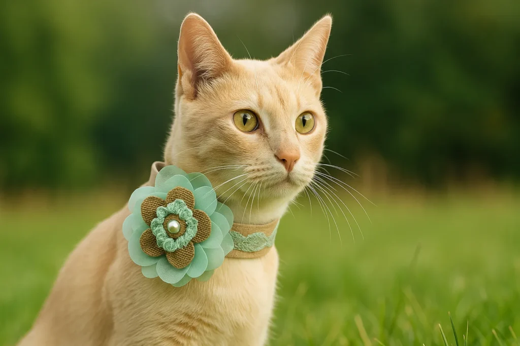 luxury dog collars b2 Cat wearing flower collar in grassy field.