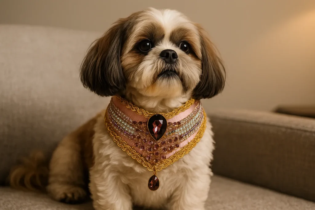 Dog in jeweled collar sitting on couch