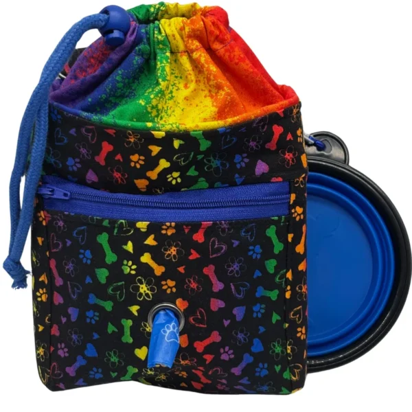 Colorful dog treat bag with bowl and dispenser.