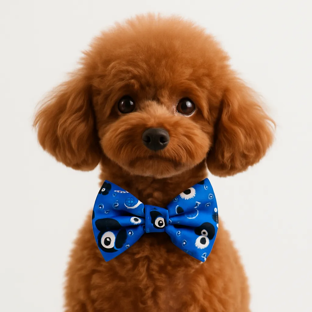 small pet accessories b1 Brown poodle wearing blue bow tie.
