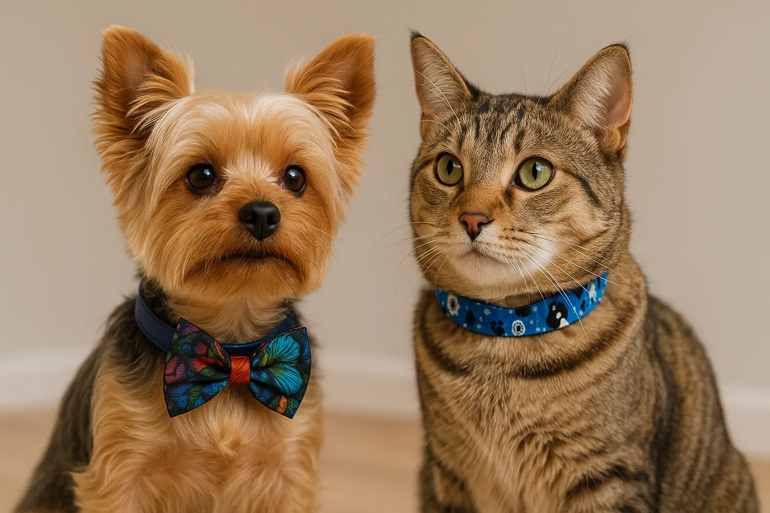 Yorkshire terrier and tabby cat with bowties