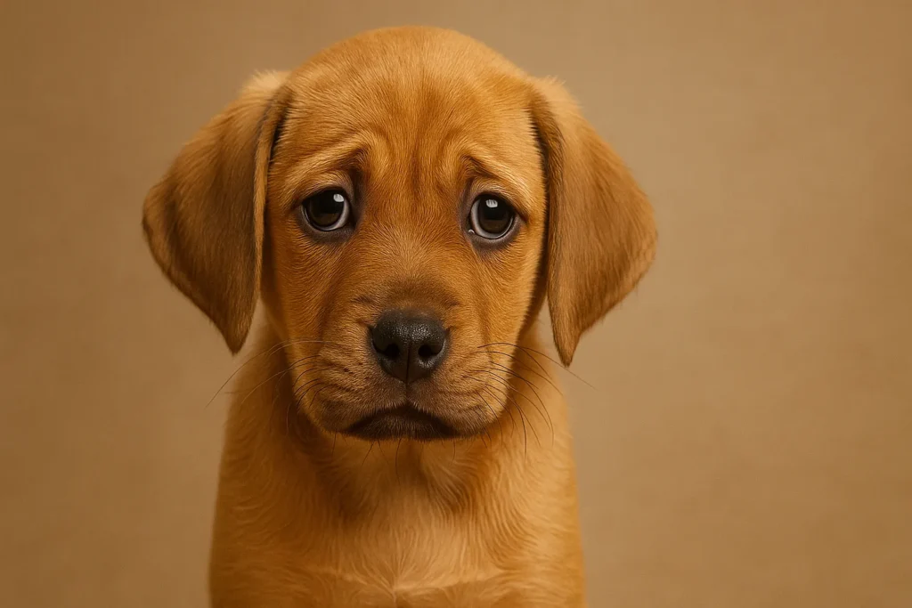 Sad puppy with droopy eyes on brown background.