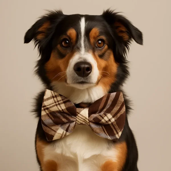 Dog with plaid bow tie.