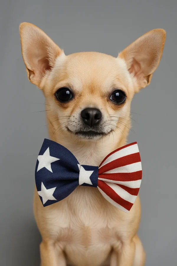 Chihuahua wearing American flag-themed bow tie.