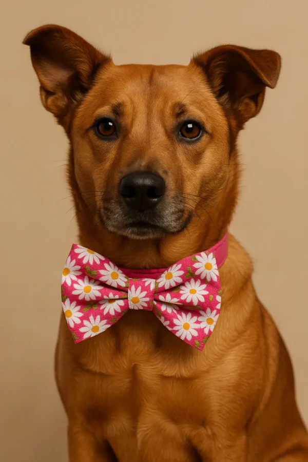 Dog wearing pink daisy-patterned bow tie.