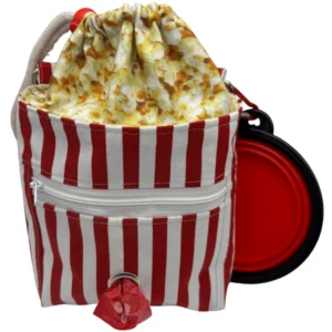 Striped popcorn-themed drawstring bag with red lid