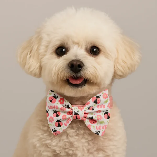 Fluffy dog wearing ladybug print bow tie.