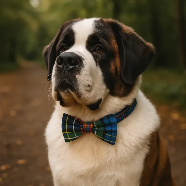 Saint Bernard wearing a plaid bow tie outdoors.