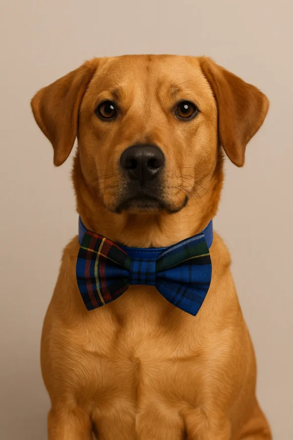 Golden retriever wearing a blue plaid bow tie.