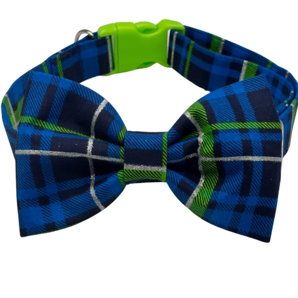 Blue plaid bow tie with green accents.