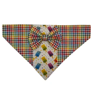 Multicolored plaid dog bandana with bow and popsicles.