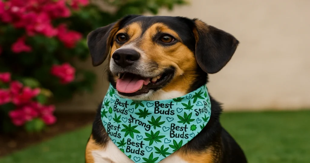 Dog wearing green bandana with 'Best Buds' print.