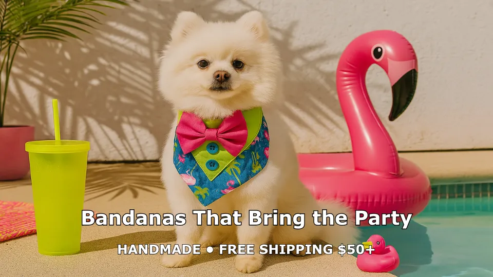 Dog wearing colorful bandana by pool with flamingo float.