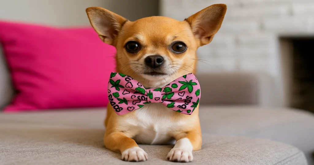 best buds bowtie chihuahua Chihuahua wearing colorful bow tie on couch