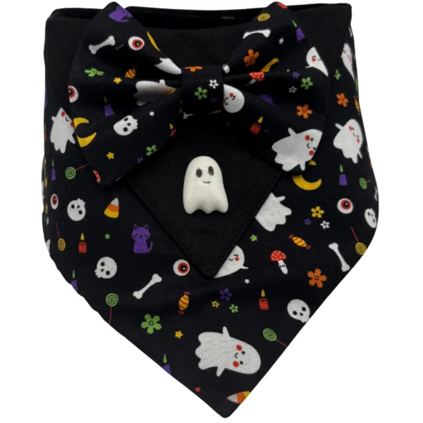 Halloween-themed bandana with ghost and bowtie design.