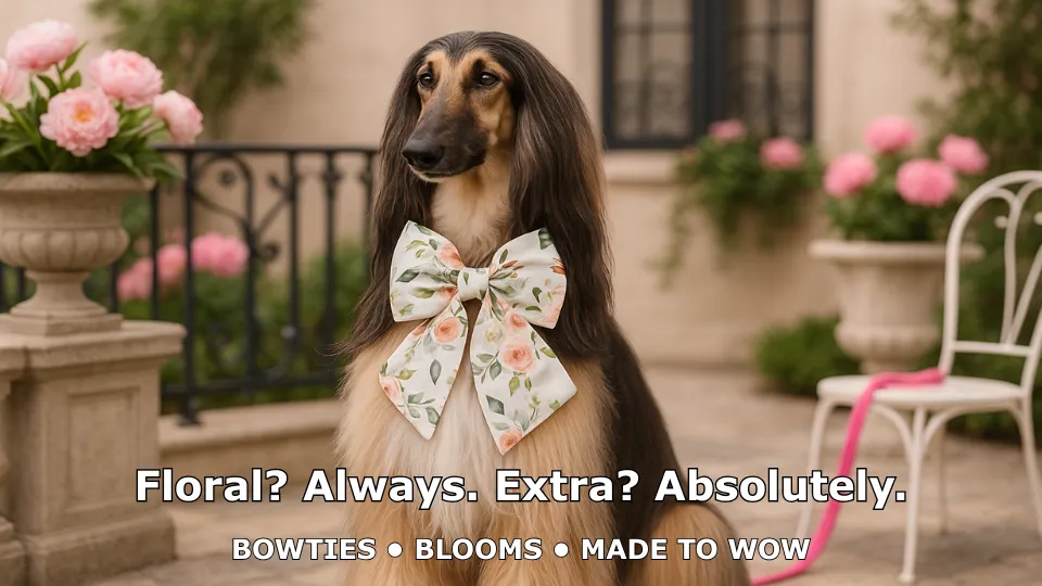 Dog with floral bow tie in garden setting.