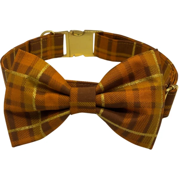 Orange plaid bow tie with gold accents