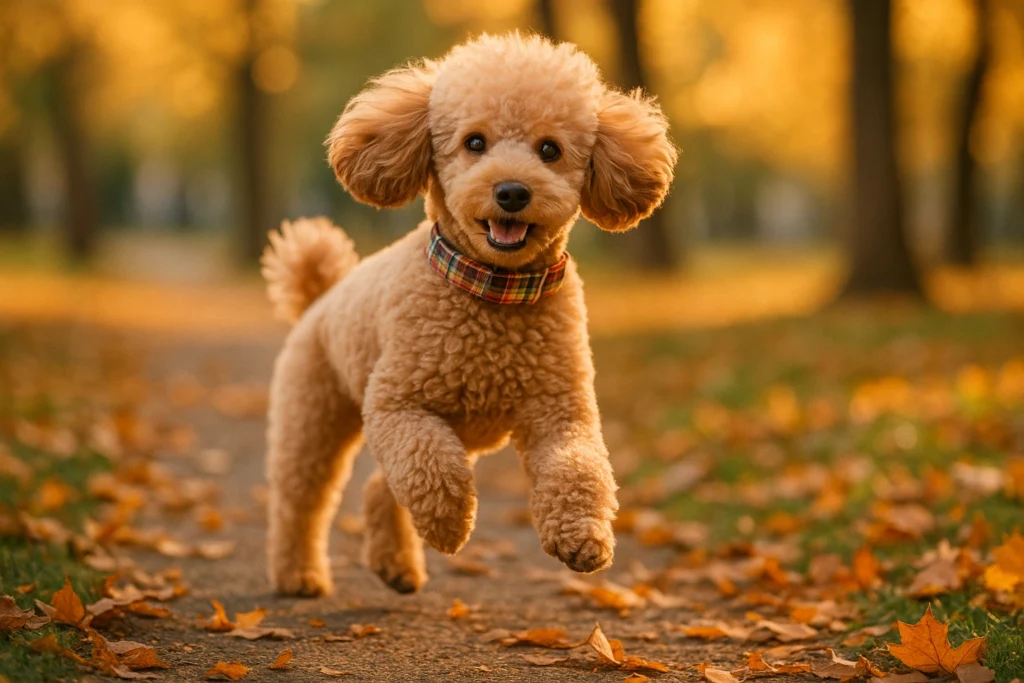 miniature poodle plaid collar Happy poodle jumping on autumn path