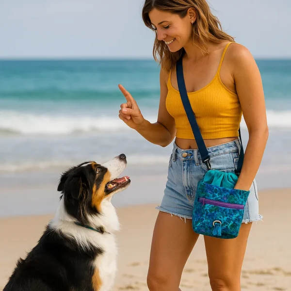 Woman training dog on beach with treat bag.