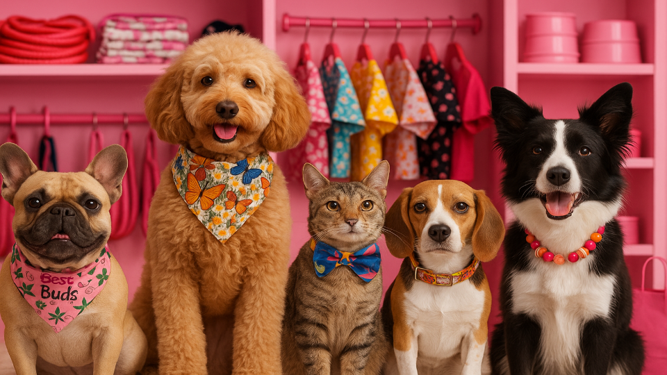 Diverse pets dressed up stylishly in a pet boutique.