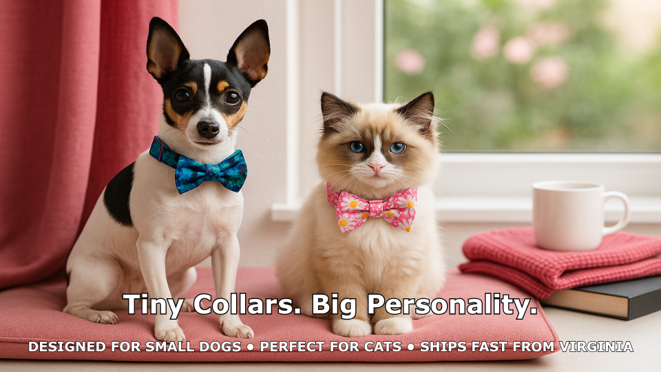 Dog and cat wearing colorful bow ties.