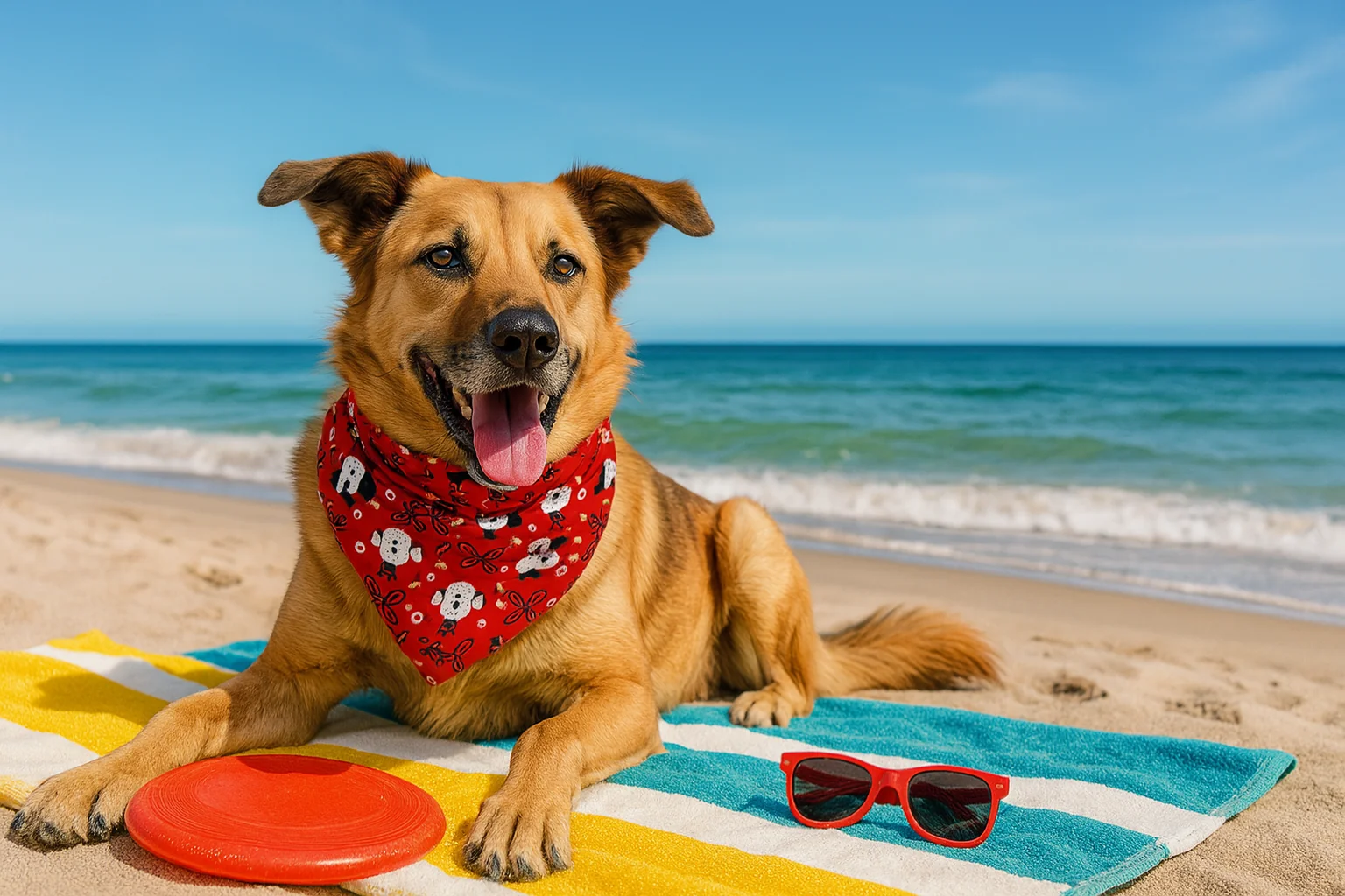 Dog at beach with frisbee and sunglasses.
