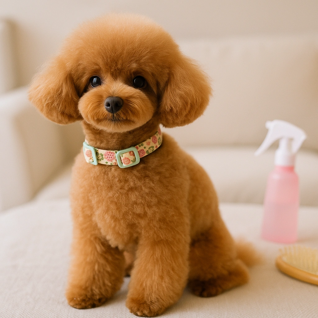toy poodle floral collar Cute brown poodle with floral collar sitting indoors.