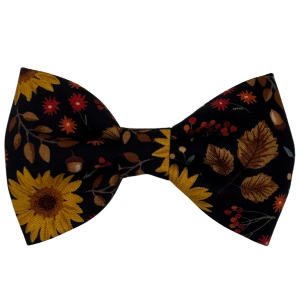 Floral pattern bow tie with sunflowers and leaves.