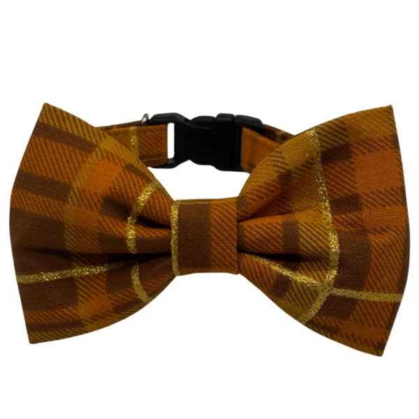 Orange plaid bow tie with gold accents