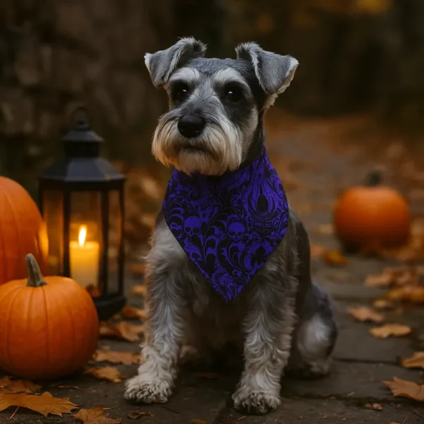 Dog in purple bandana beside pumpkins and lantern.