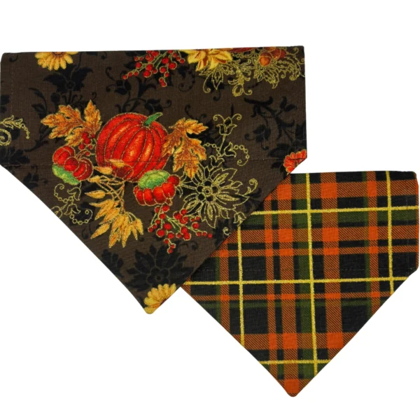 Autumn-themed bandanas with pumpkin and plaid designs.