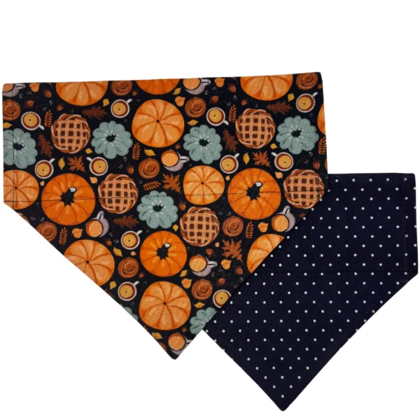 Reversible bandana with pumpkins and polka dots.